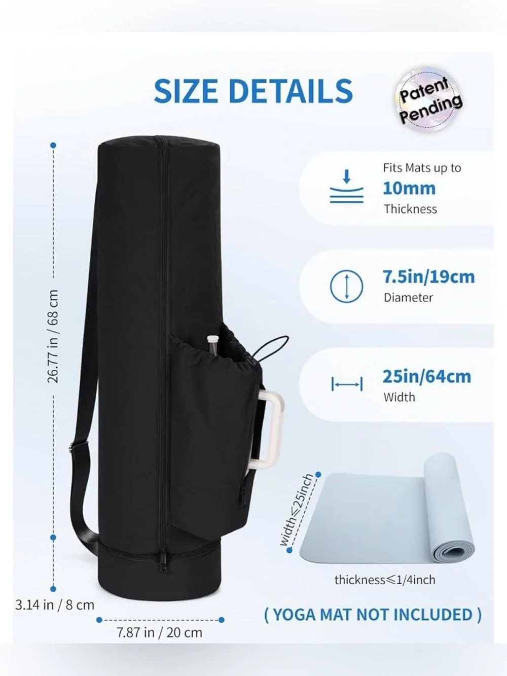 Black Full-Zip Yoga Mat Bag Gym Tote w/ Water Bottle Pocket & Wet Compartment